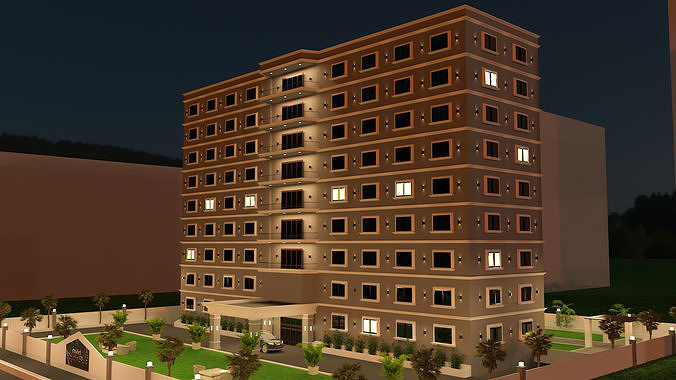 Hotel residential building at night Free 3D model