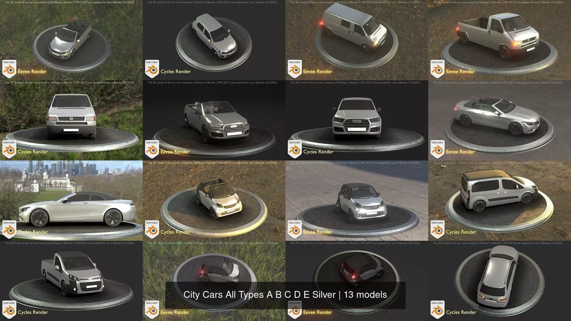 City Cars All Types A B C D E Silver 3D Model Collection_0
