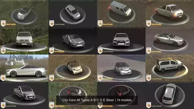 City Cars All Types A B C D E Silver 3D Model Collection