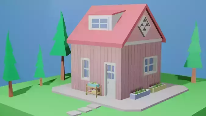 Low Poly House Low-poly 3D model on field Free low-poly 3D model