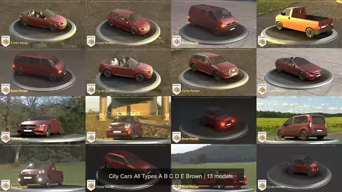 City Cars All Types A B C D E Brown 3D Model Collection