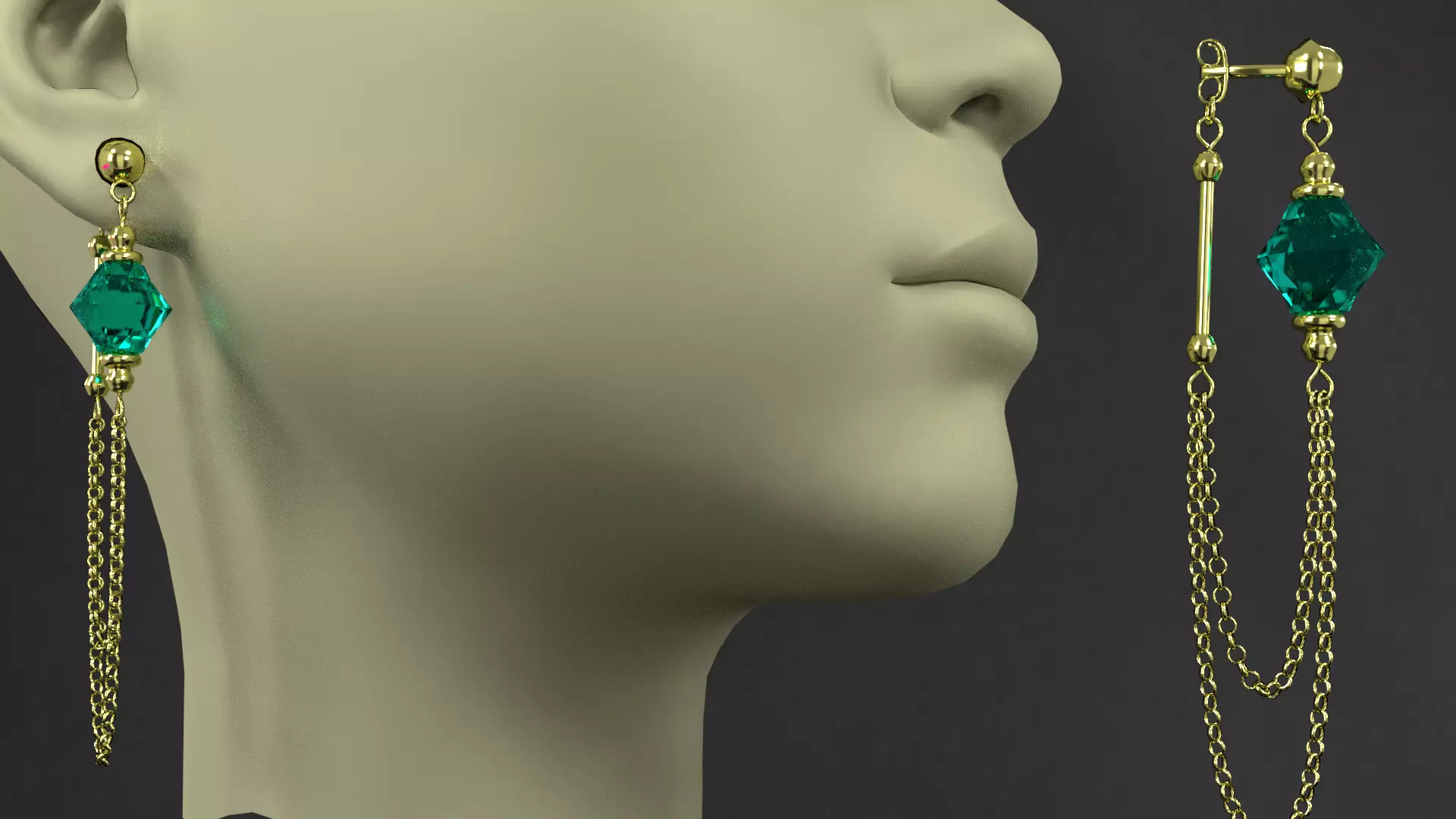 earrings mannequin wearing gold with emerald stones 3D model