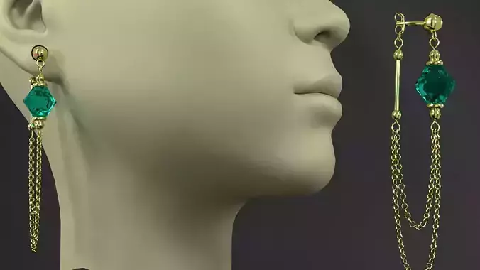 earrings mannequin wearing gold with emerald stones
