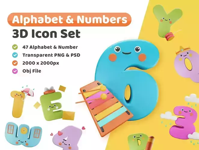 Cute Alphabet and Numbers Icon Pack 3D Model Low-poly 3D model