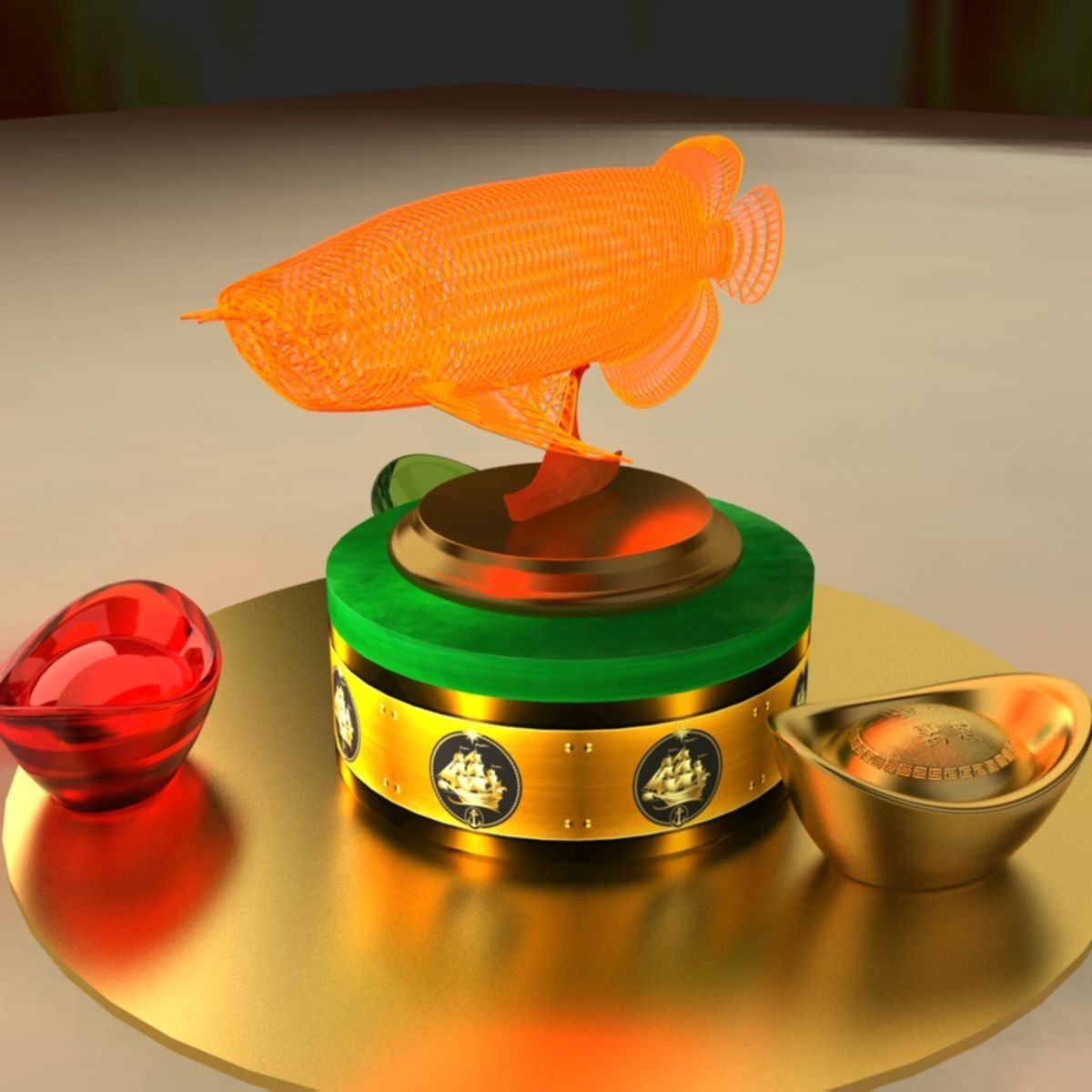 Chinese gold Ingot with led light fish 3D model_4