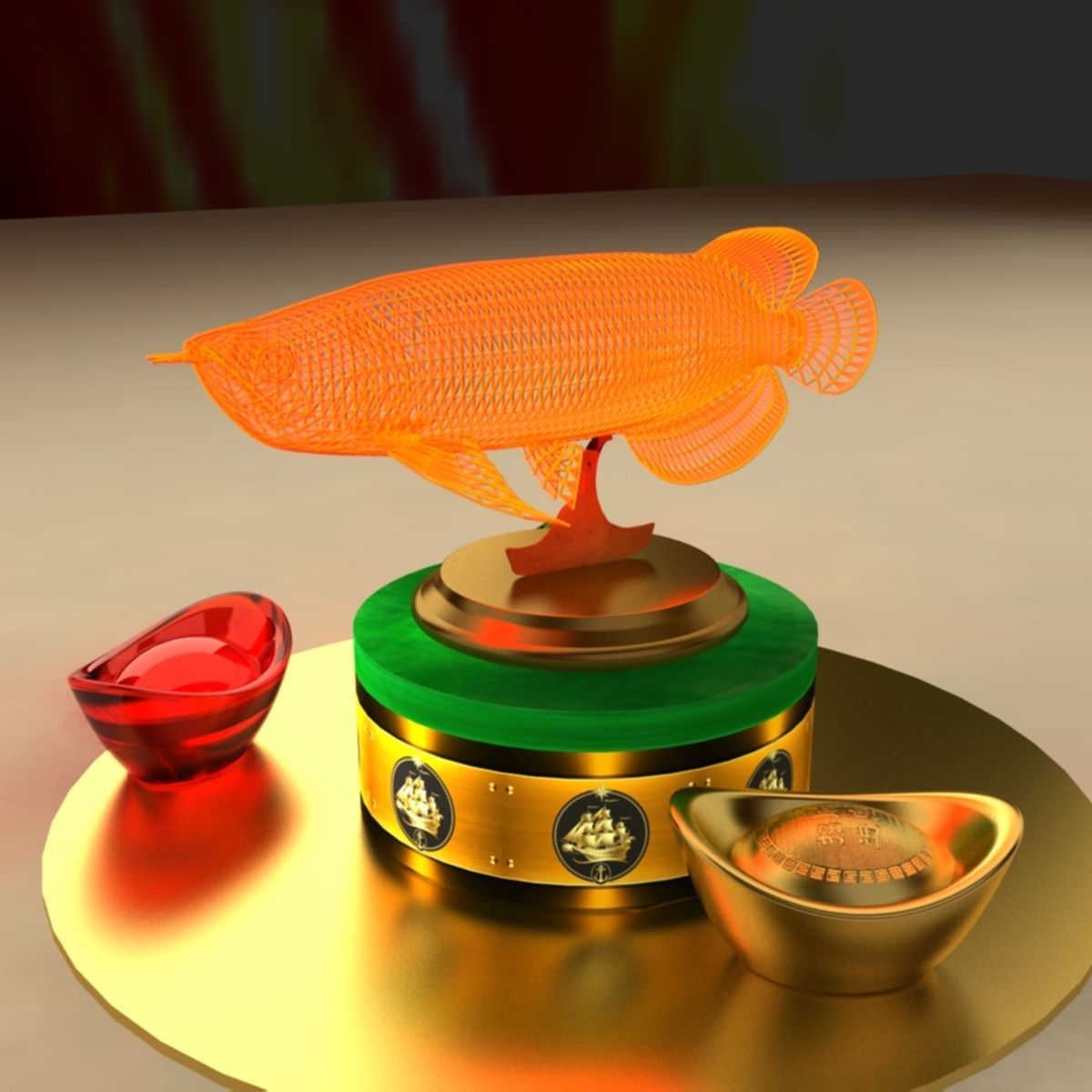 Chinese gold Ingot with led light fish 3D model_3
