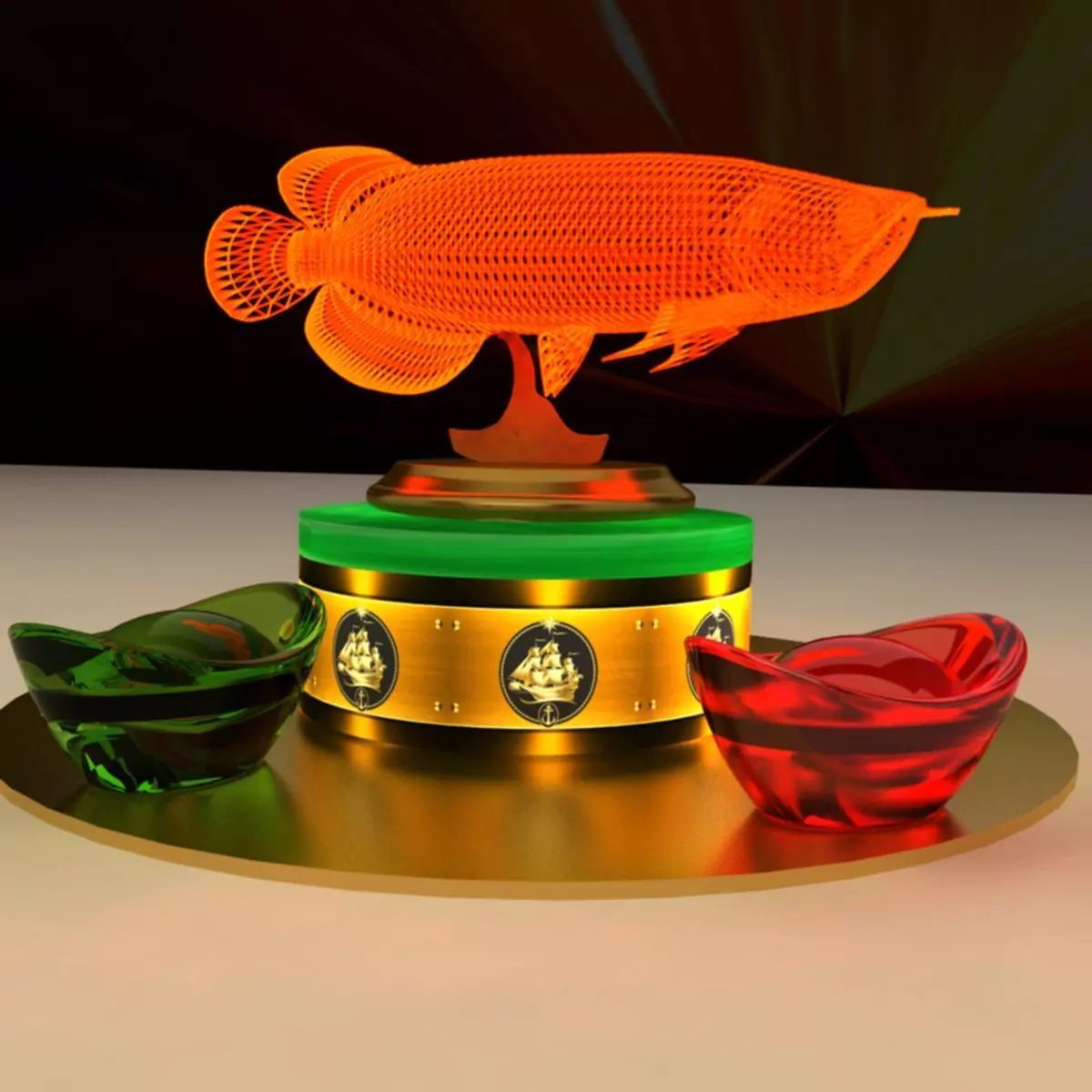 Chinese gold Ingot with led light fish 3D model_0