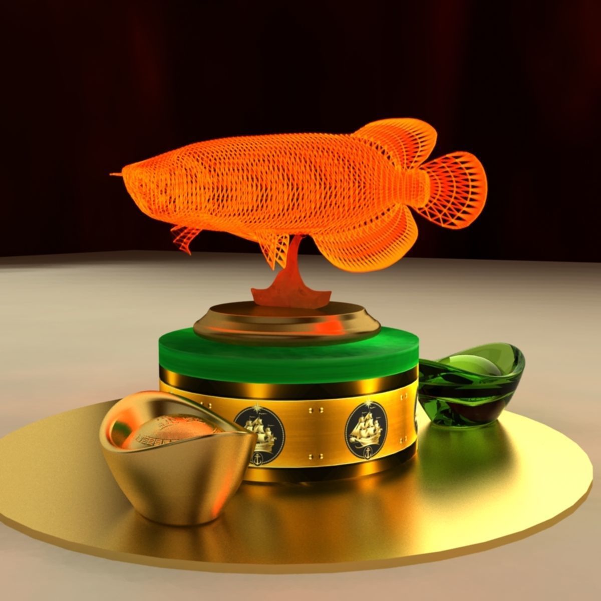 Chinese gold Ingot with led light fish 3D model_1