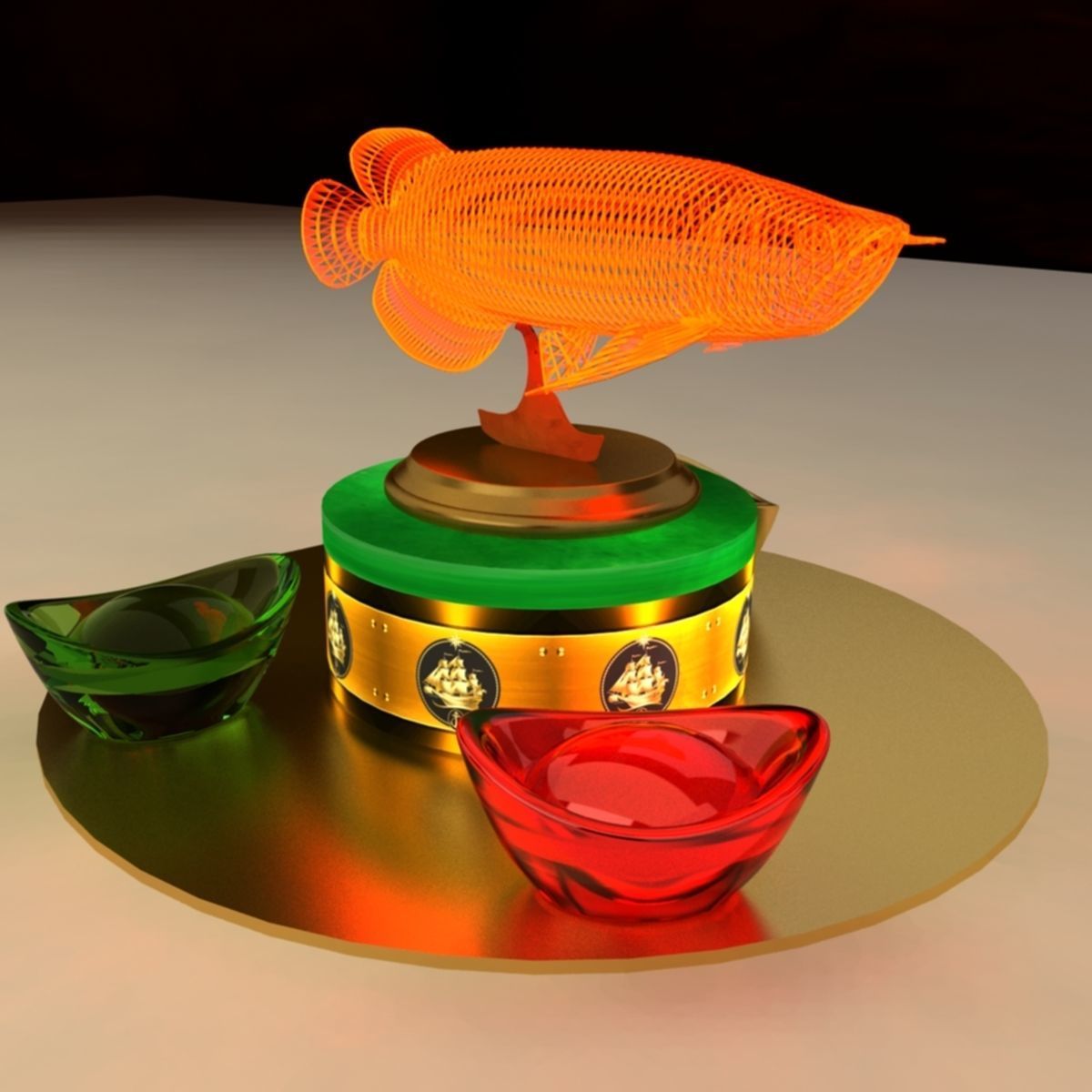 Chinese gold Ingot with led light fish 3D model_2