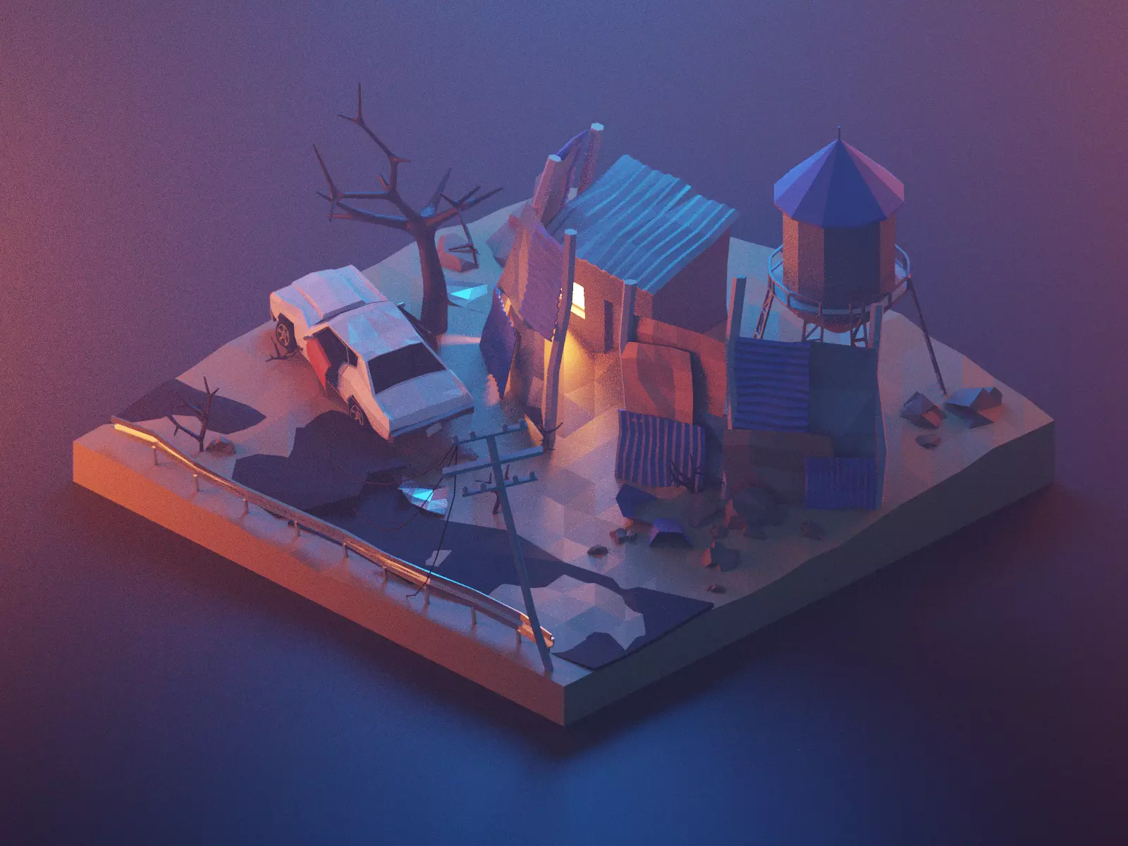 Fall Out Model 3D model fallout model with old car and old garage low poly model VR ...