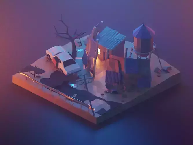 fallout model  with old car and old garage low poly model