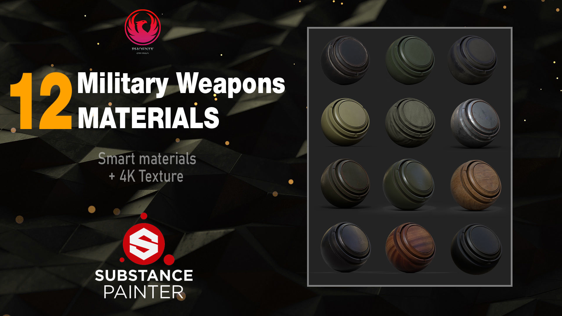 12 Military Weapons Materials Low-poly 3D model_1