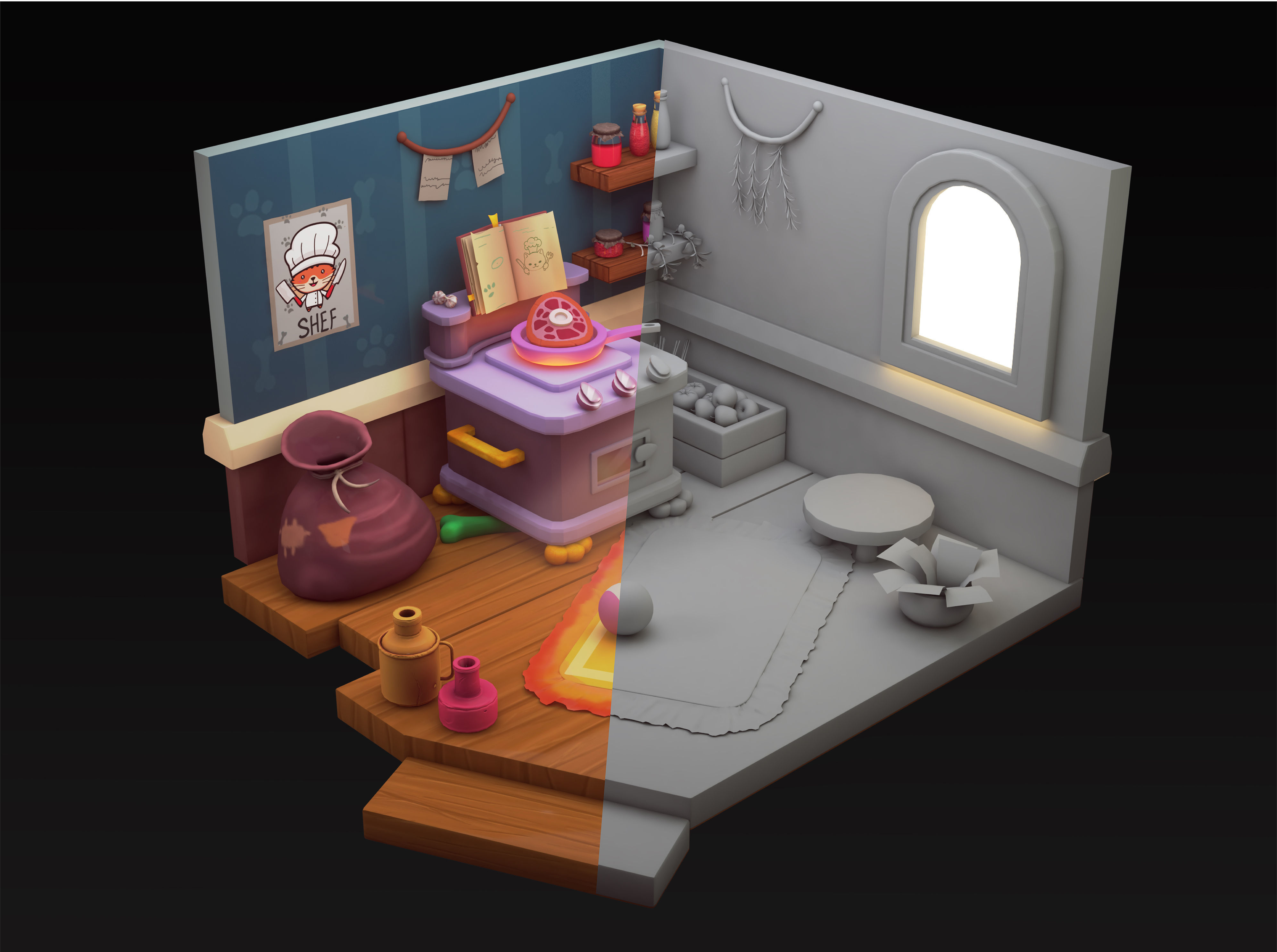 3D Isometric kitchen Low-poly 3D model_2