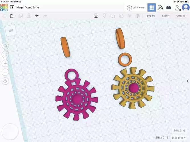 Pendant stl two colorful earrings on computer screen