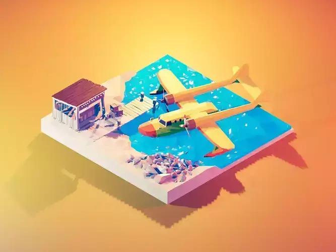 Plane TaleSpin Low-poly 3D model with water and rock and house