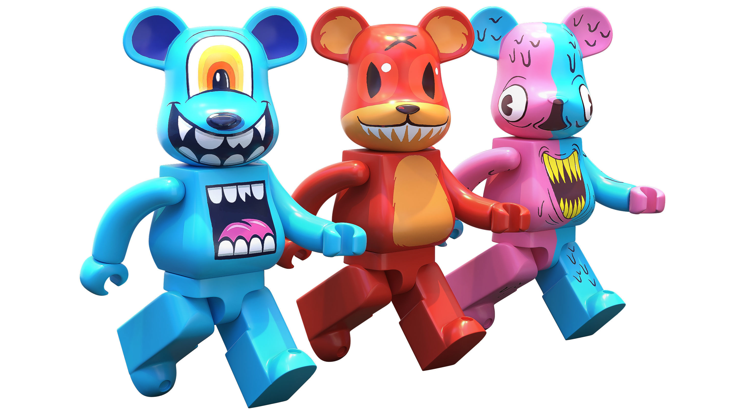 Bearbrick three figures Low-poly 3D model_1