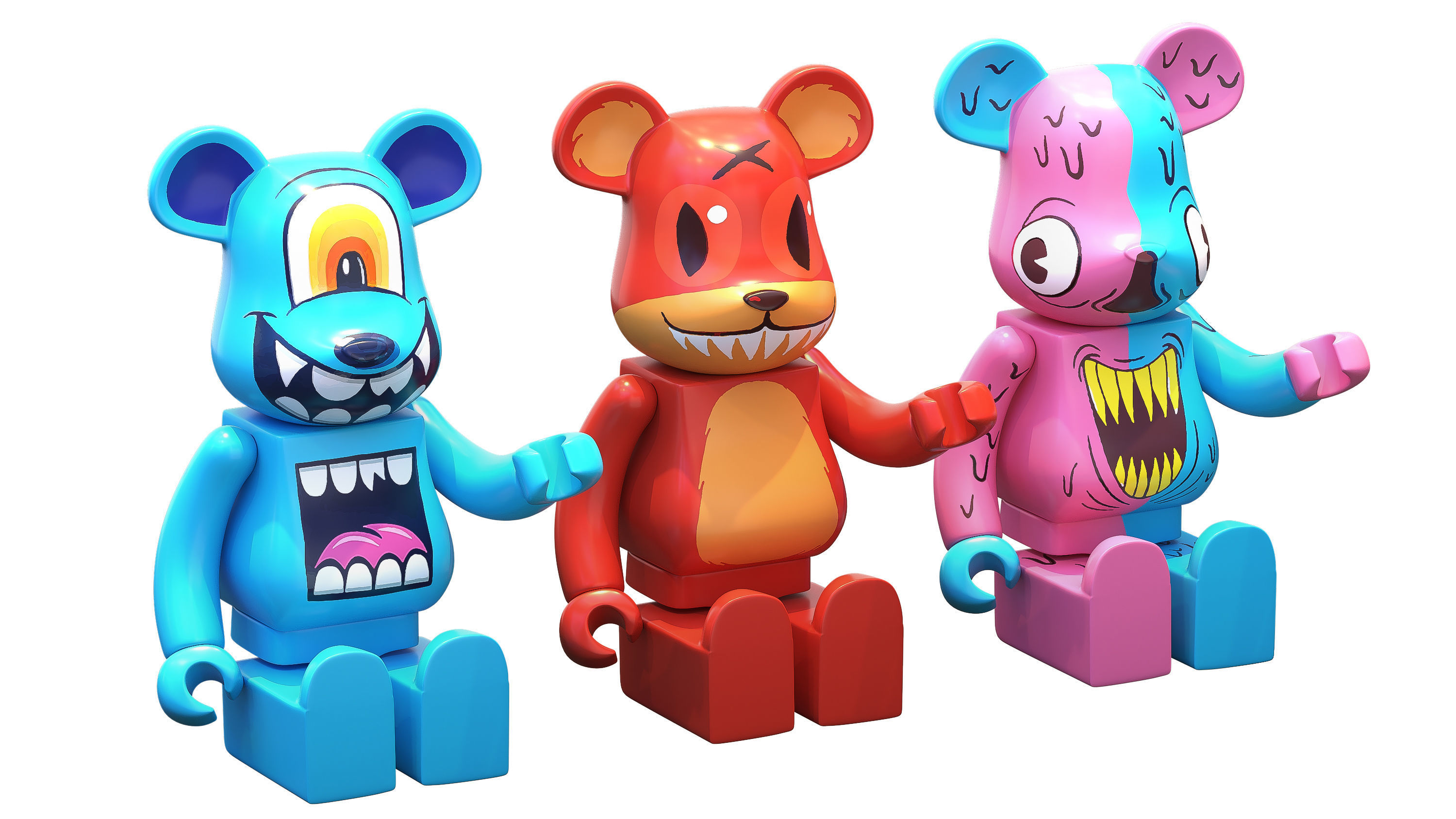 Bearbrick three figures Low-poly 3D model_2