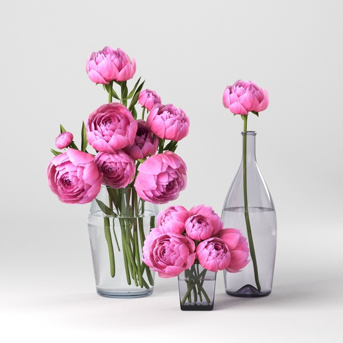 Compositions of pink peonies in decorative vases 3D model_1