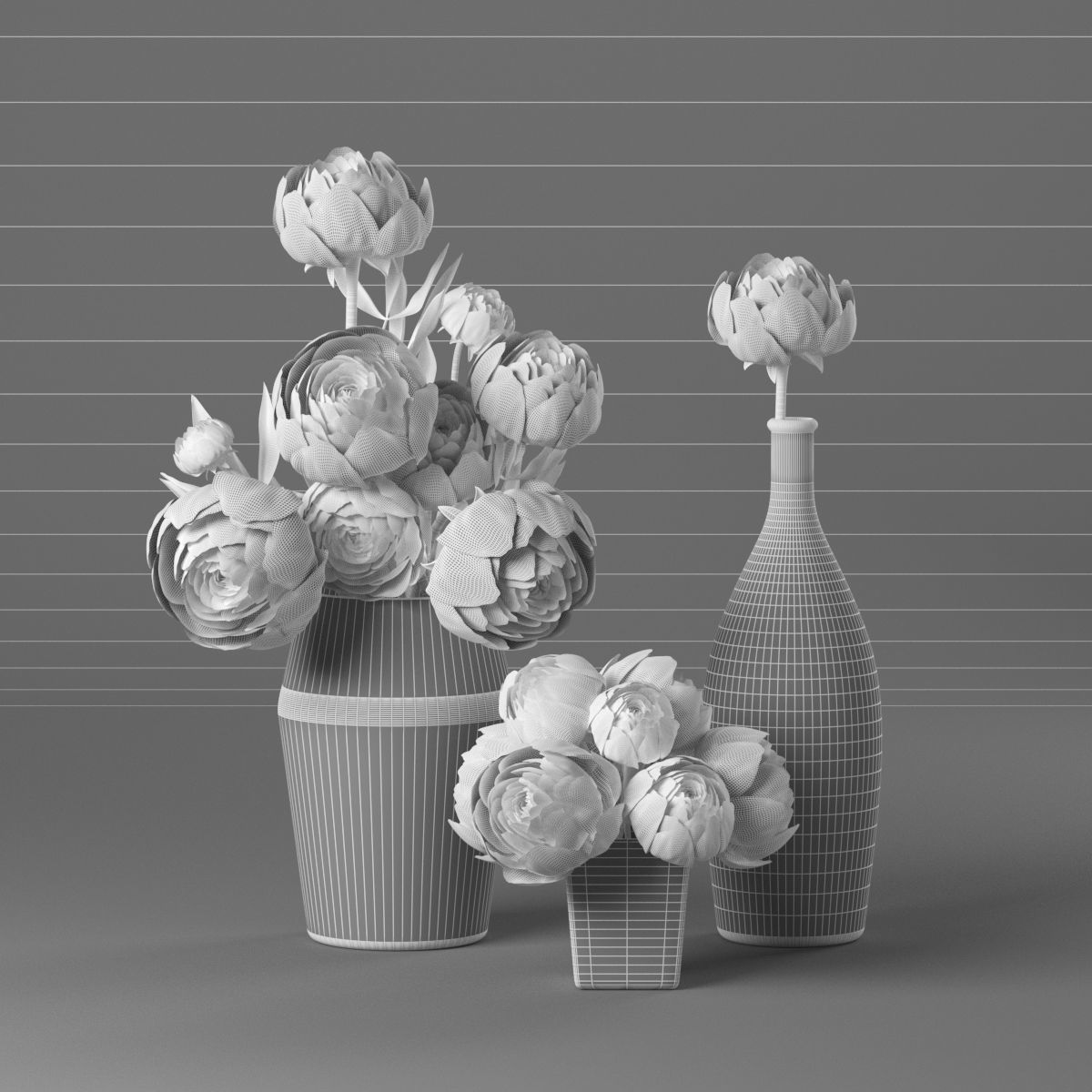 Compositions of pink peonies in decorative vases 3D model_2