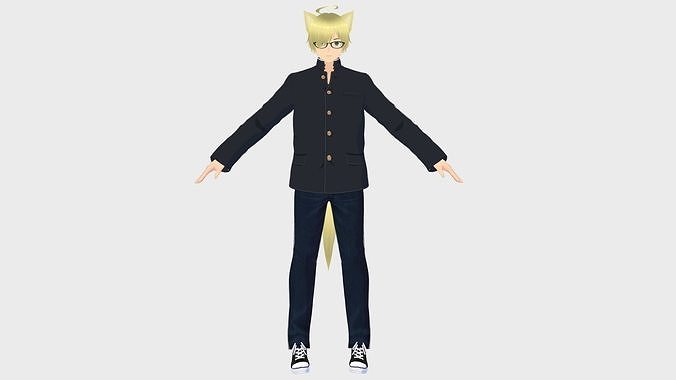 STUDENT BOY ASIAN ANIME KAWAII RIGGED T-POSE SHAPE KEYS  Low-poly 3D model