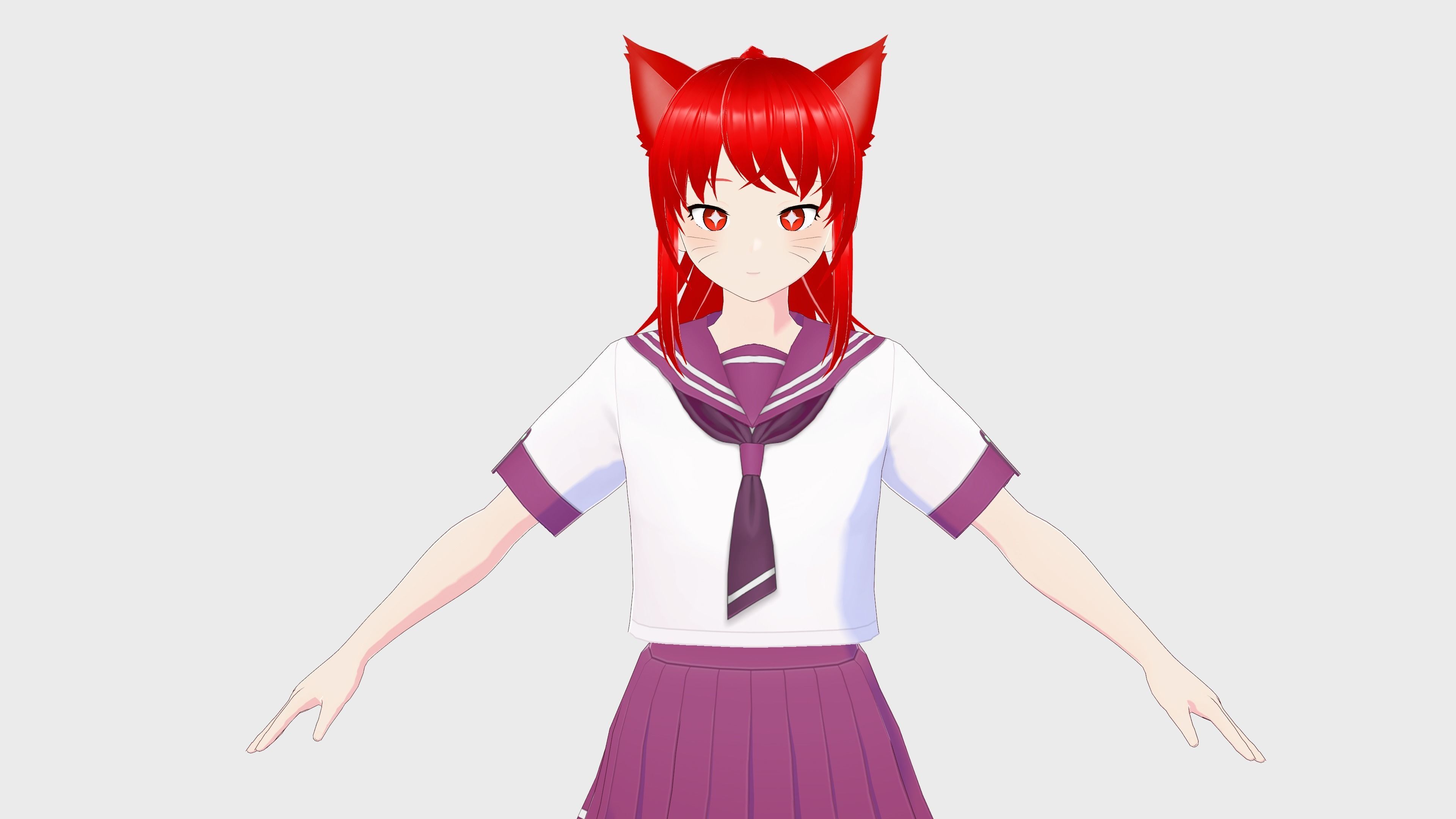 ANIME GIRL STUDENT CAT RED RIGGED T POSE SHAPE KEYS Low-poly 3D model_7