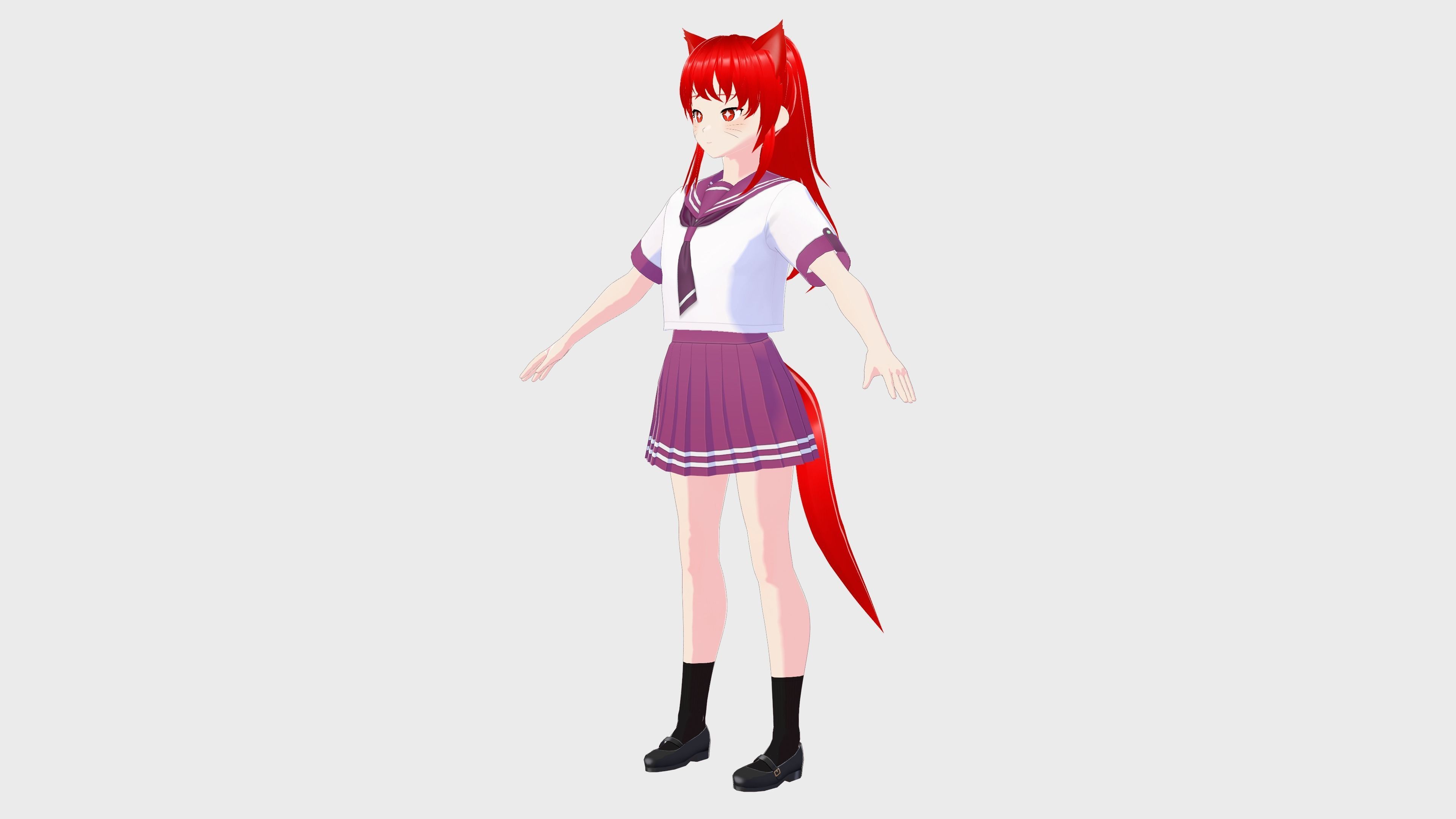 ANIME GIRL STUDENT CAT RED RIGGED T POSE SHAPE KEYS Low-poly 3D model_1