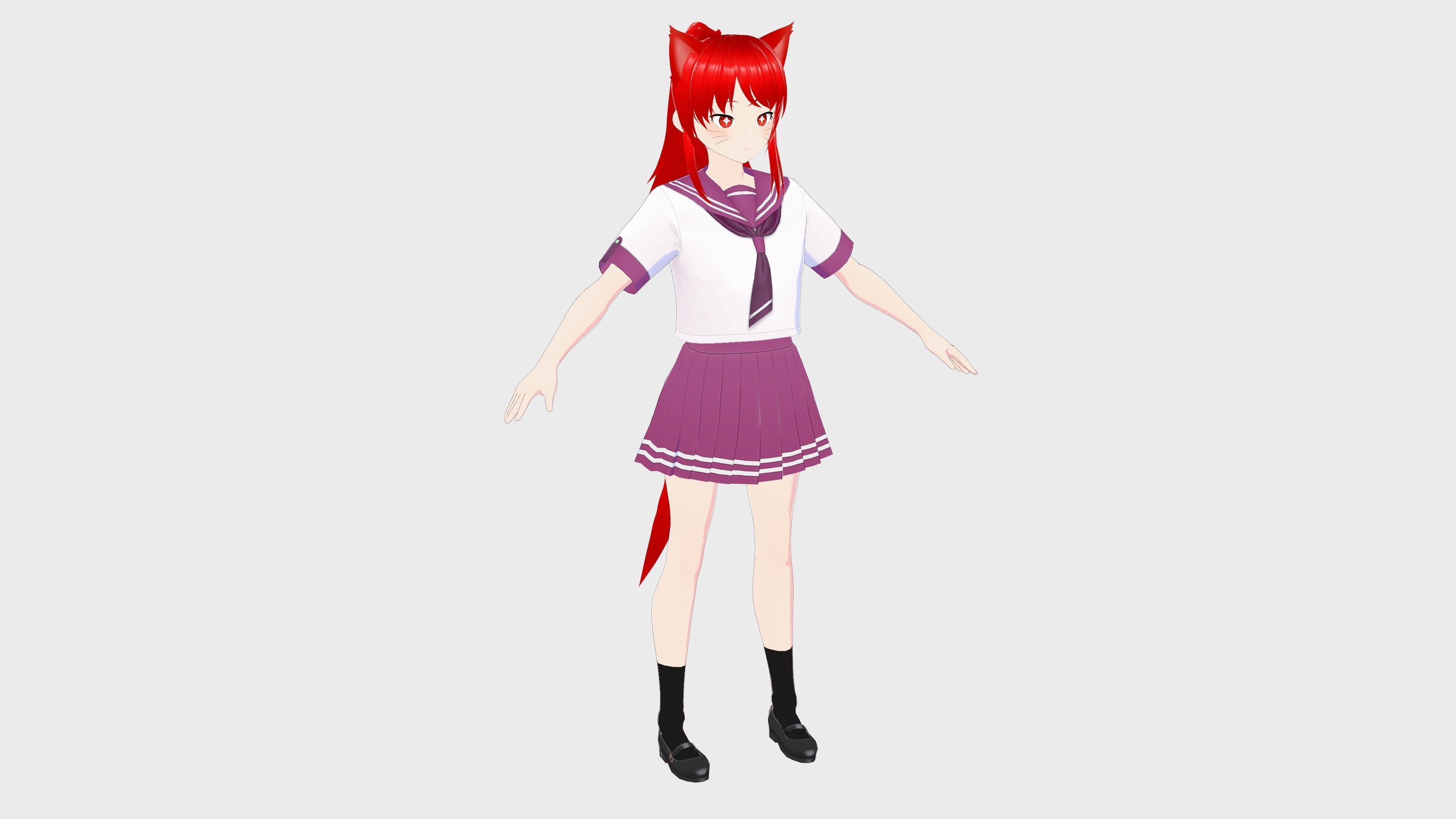 ANIME GIRL STUDENT CAT RED RIGGED T POSE SHAPE KEYS Low-poly 3D model_5