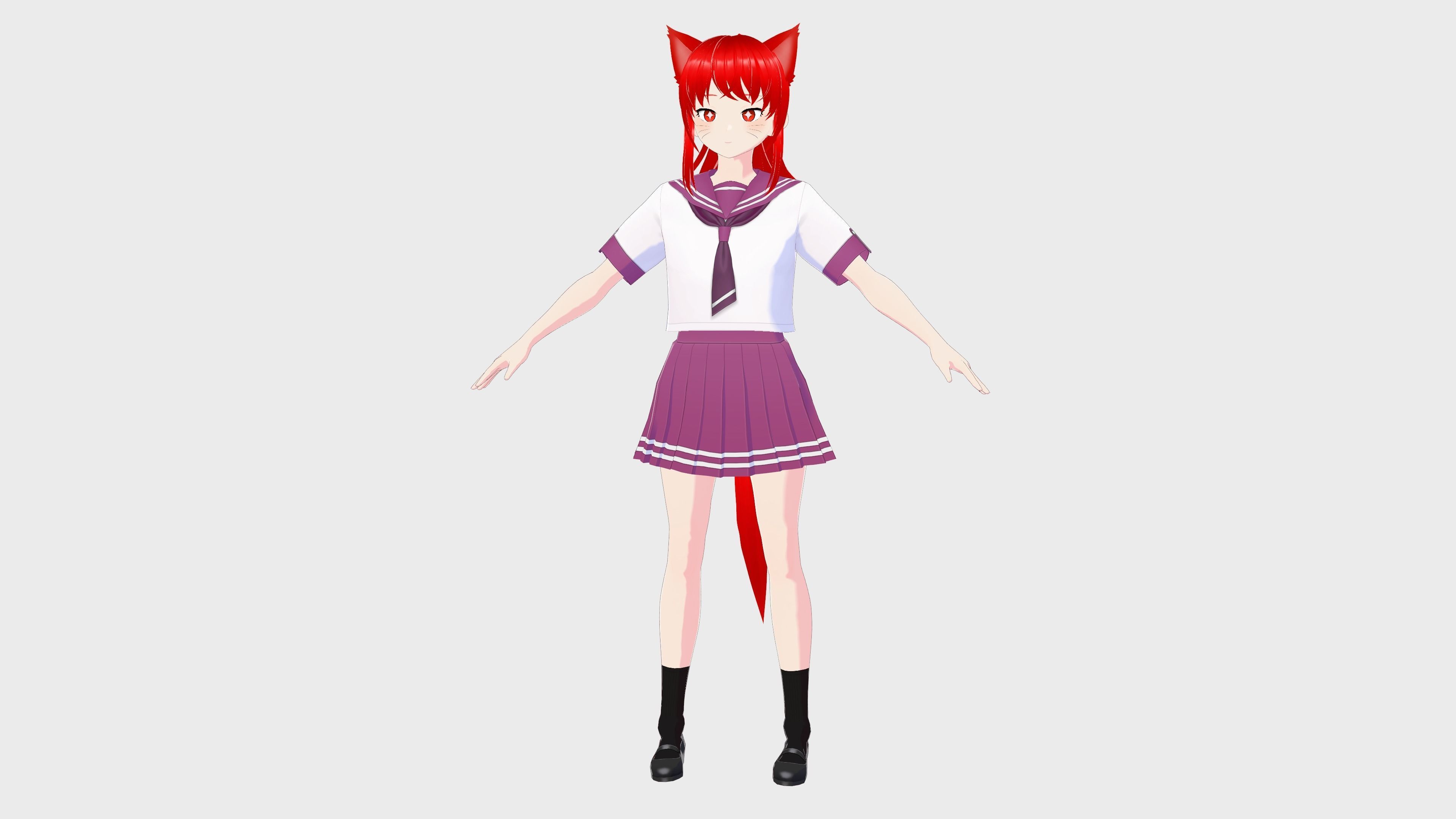 ANIME GIRL STUDENT CAT RED RIGGED T POSE SHAPE KEYS Low-poly 3D model_6