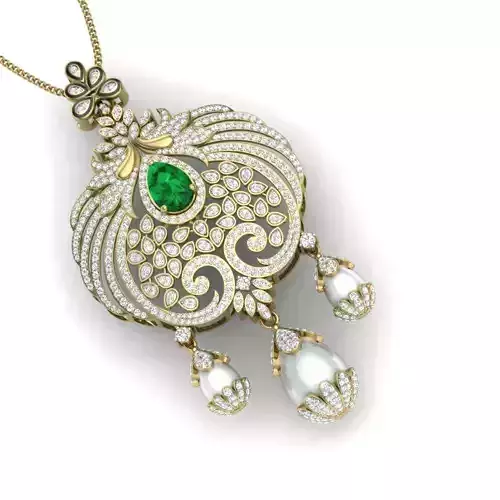 Pendant 3dm render detail with emerald stone and pearls