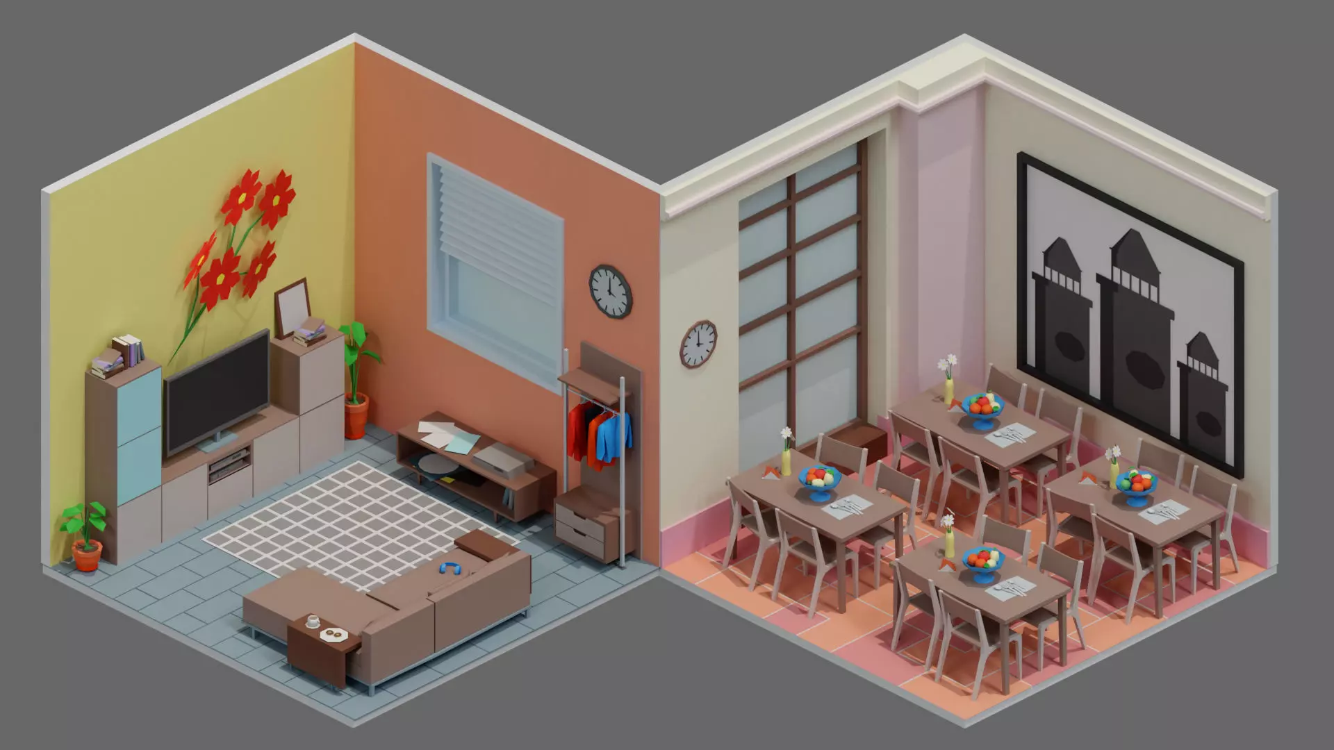 Cartoon interior 2 Low-poly 3D model_2