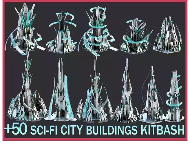 Sci-Fi Futuristic Future Fantasy City Building Pack Bundle 3D Model Collection