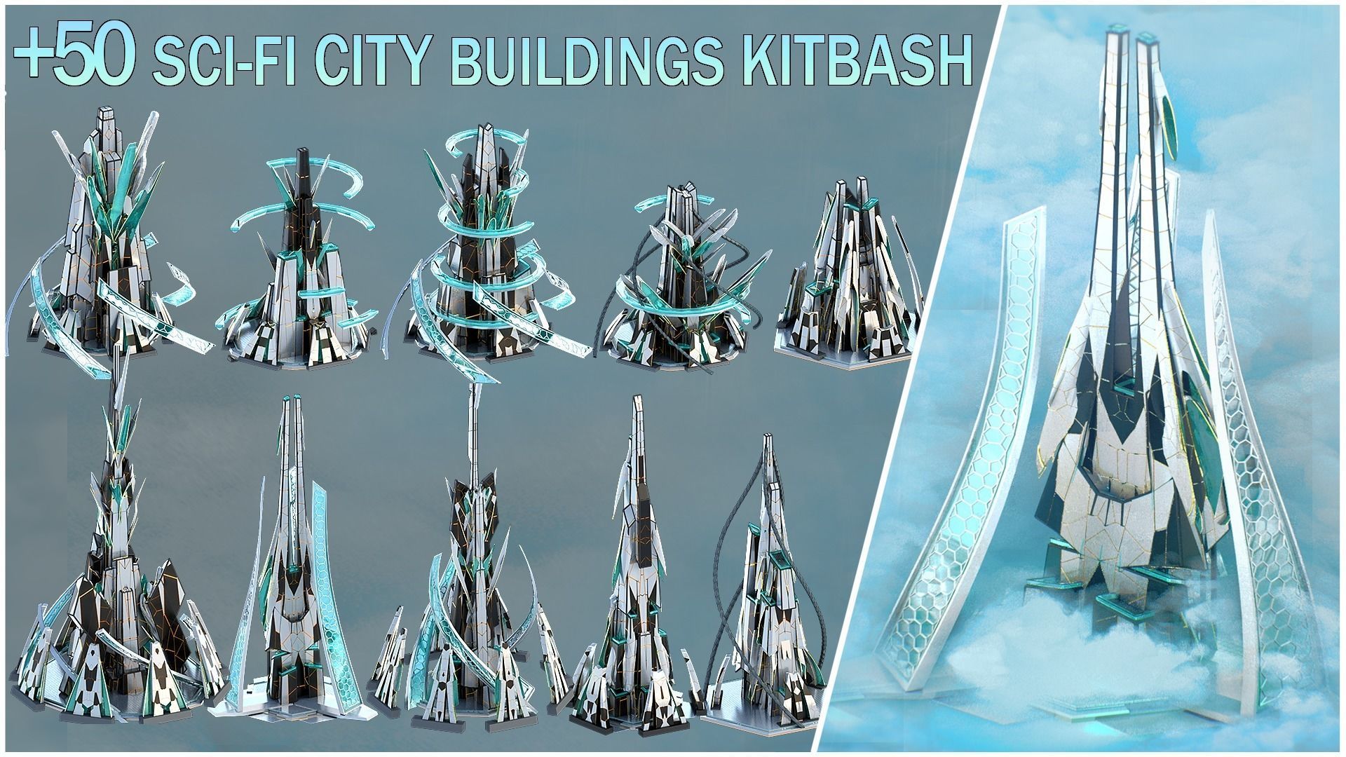 Sci-Fi Futuristic Future Fantasy City Building Pack Bundle 3D Model Collection_2