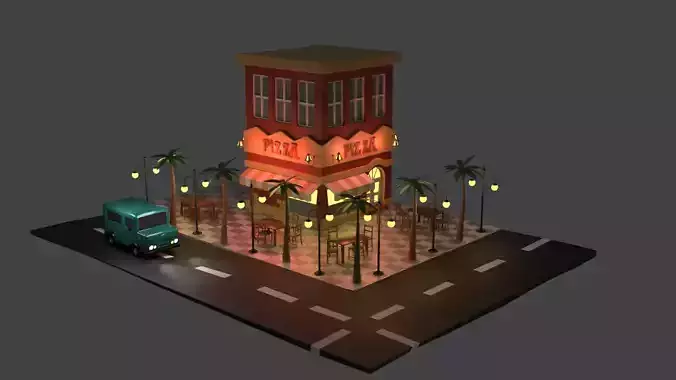 Resturant building with lights on street
