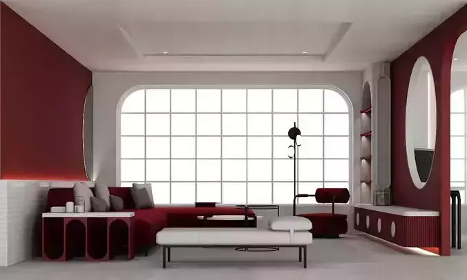 Interior of red color living dining kitchen bedroom trend design