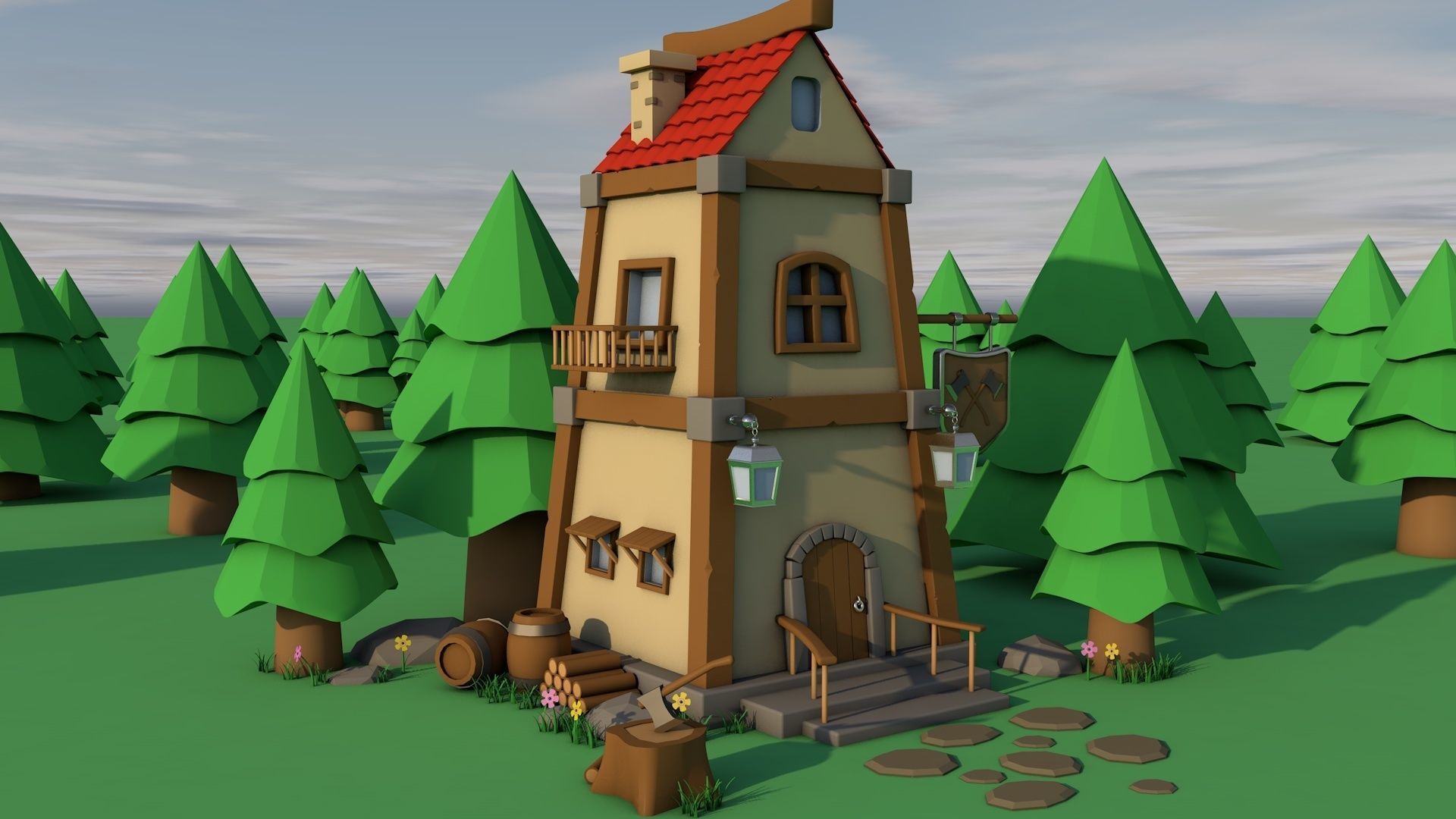 Forest house Low-poly 3D model_1