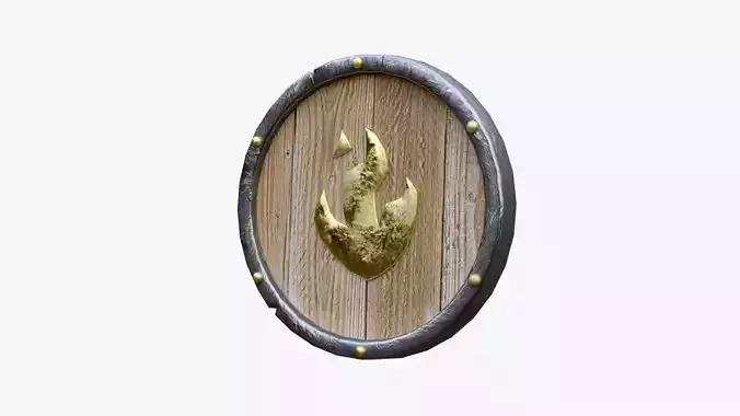 Shield low poly wooden with golden flame
