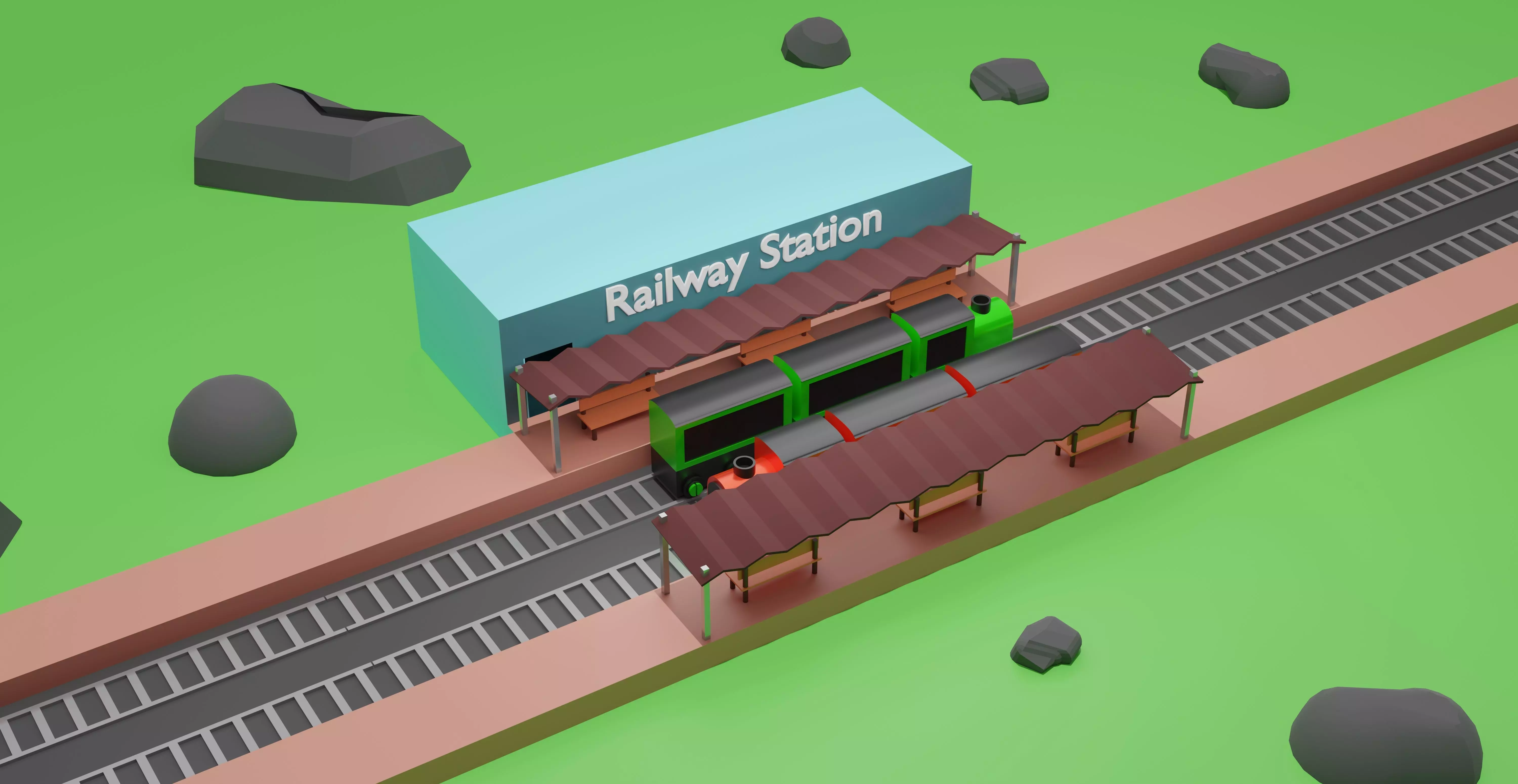 Low poly railway station Low-poly 3D model_0