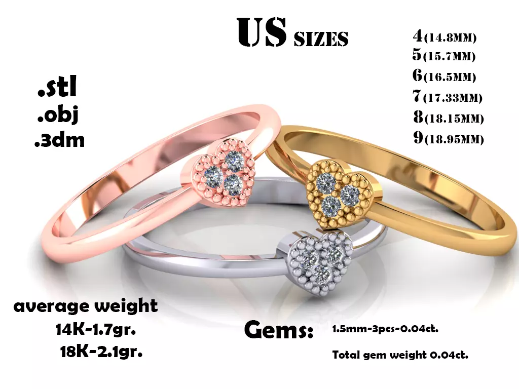 ring heart with 3 diamonds 004ct and 6 US sizes 3D print model