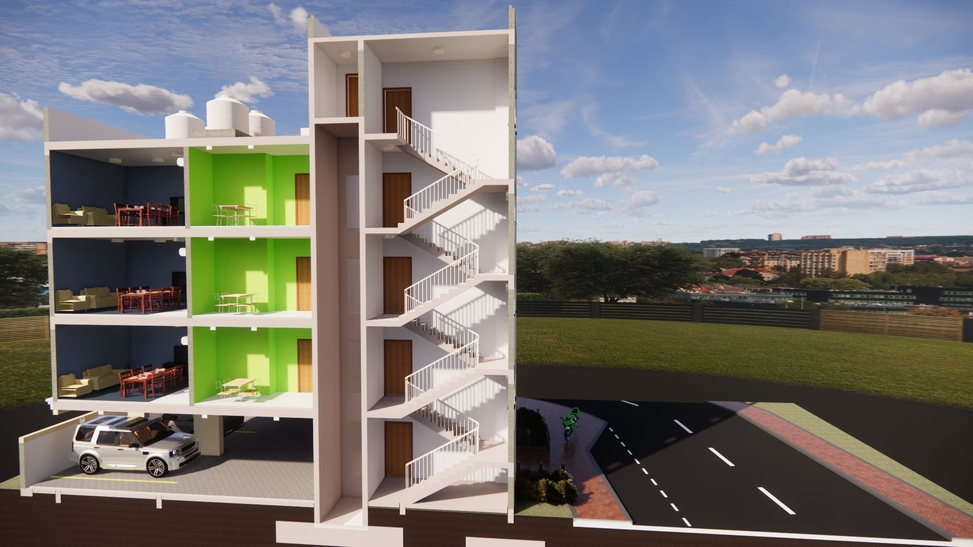 Residential building G plus 3 with ground parking in Revit 3D model_11