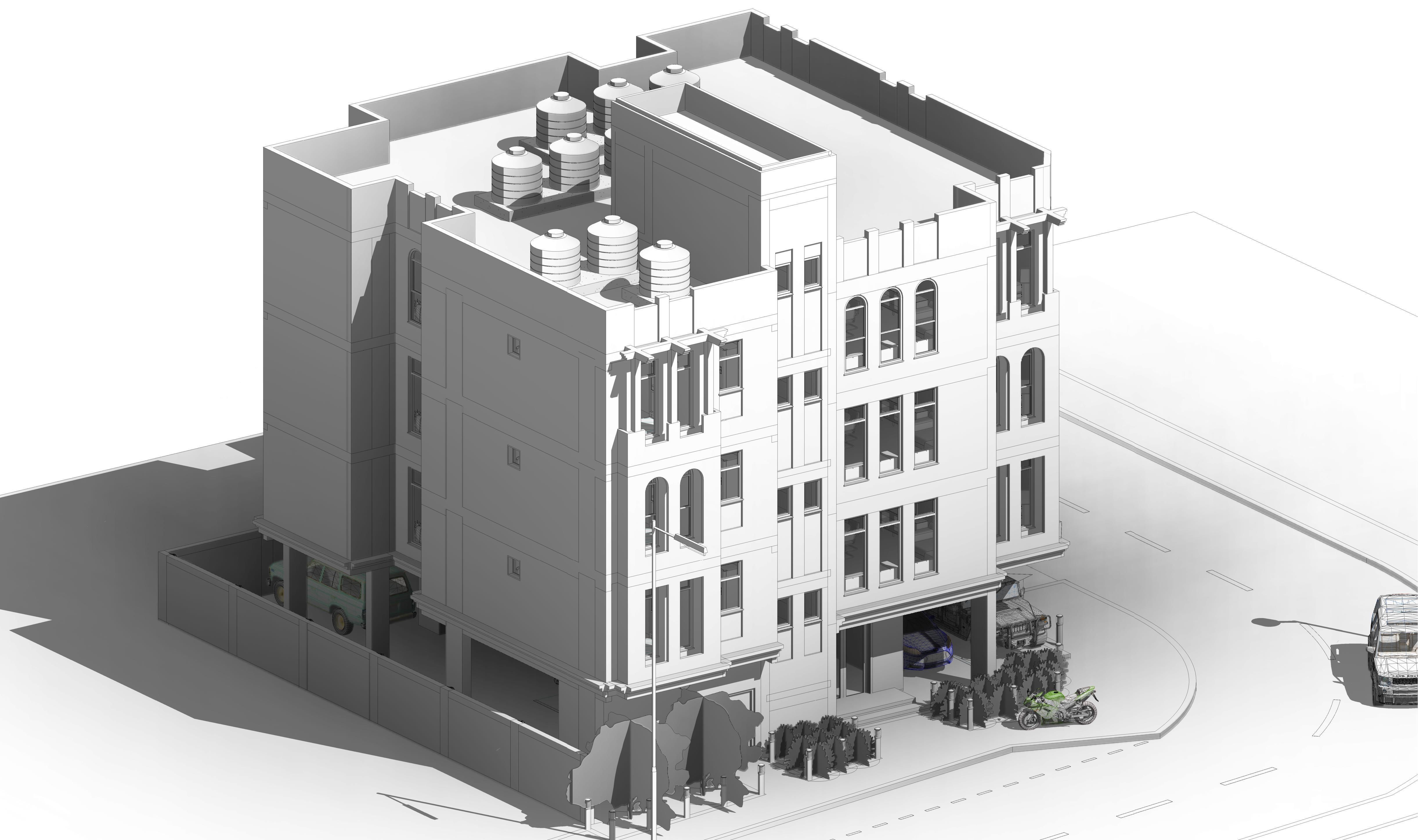 Residential building G plus 3 with ground parking in Revit 3D model_17