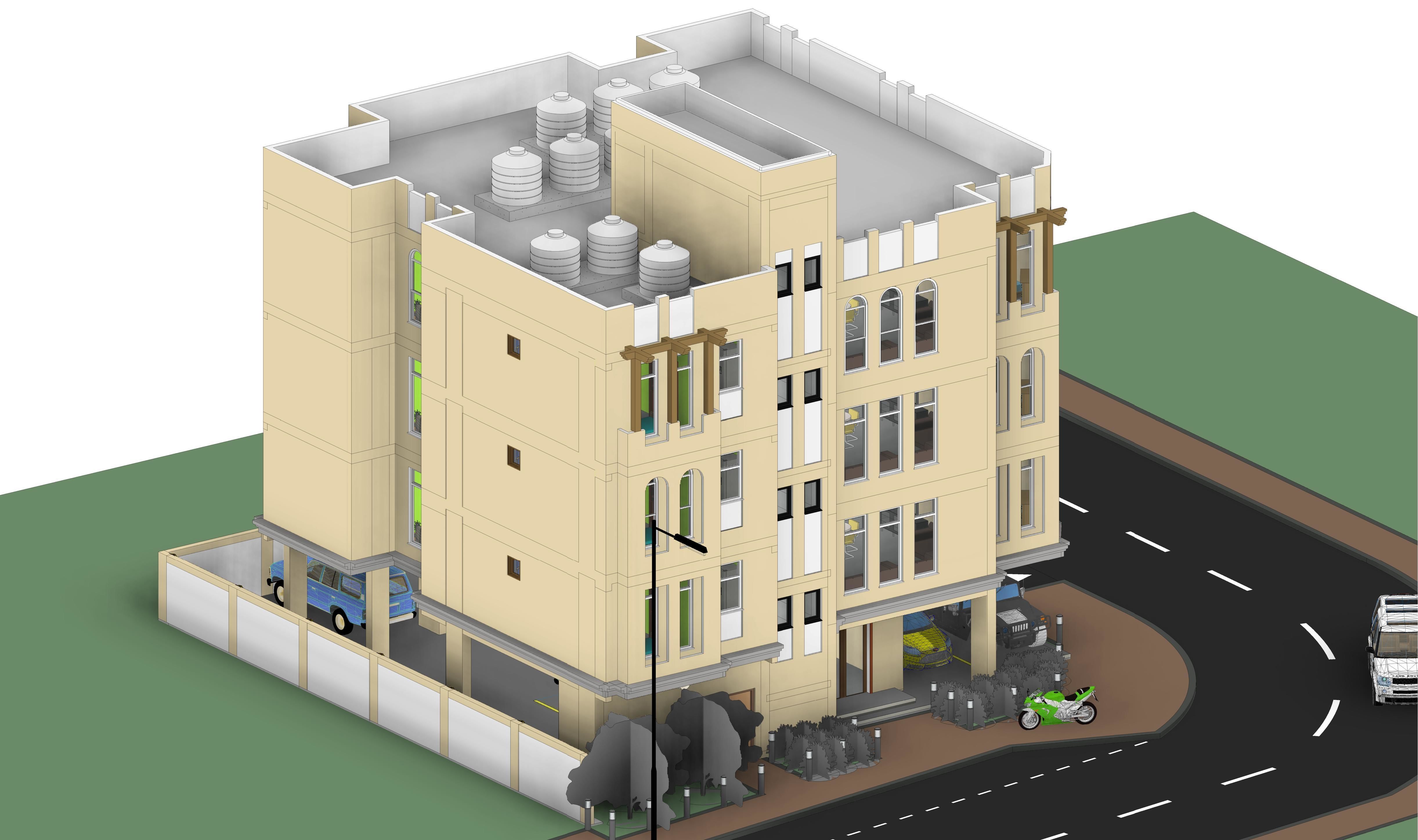 Residential building G plus 3 with ground parking in Revit 3D model_16