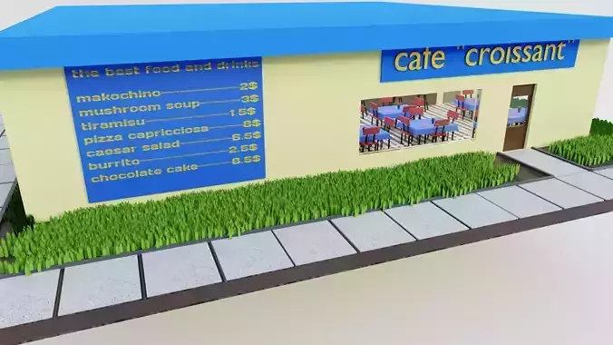 3d model of a cafe with a yard