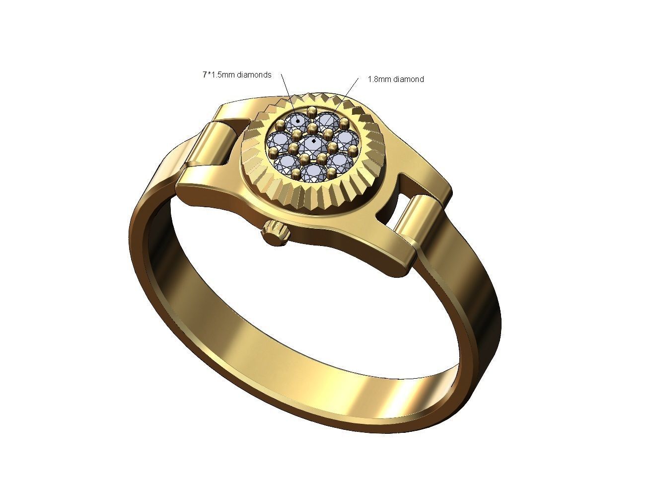 Diamond cluster watch ring US sizes 5to9 3D print model_1