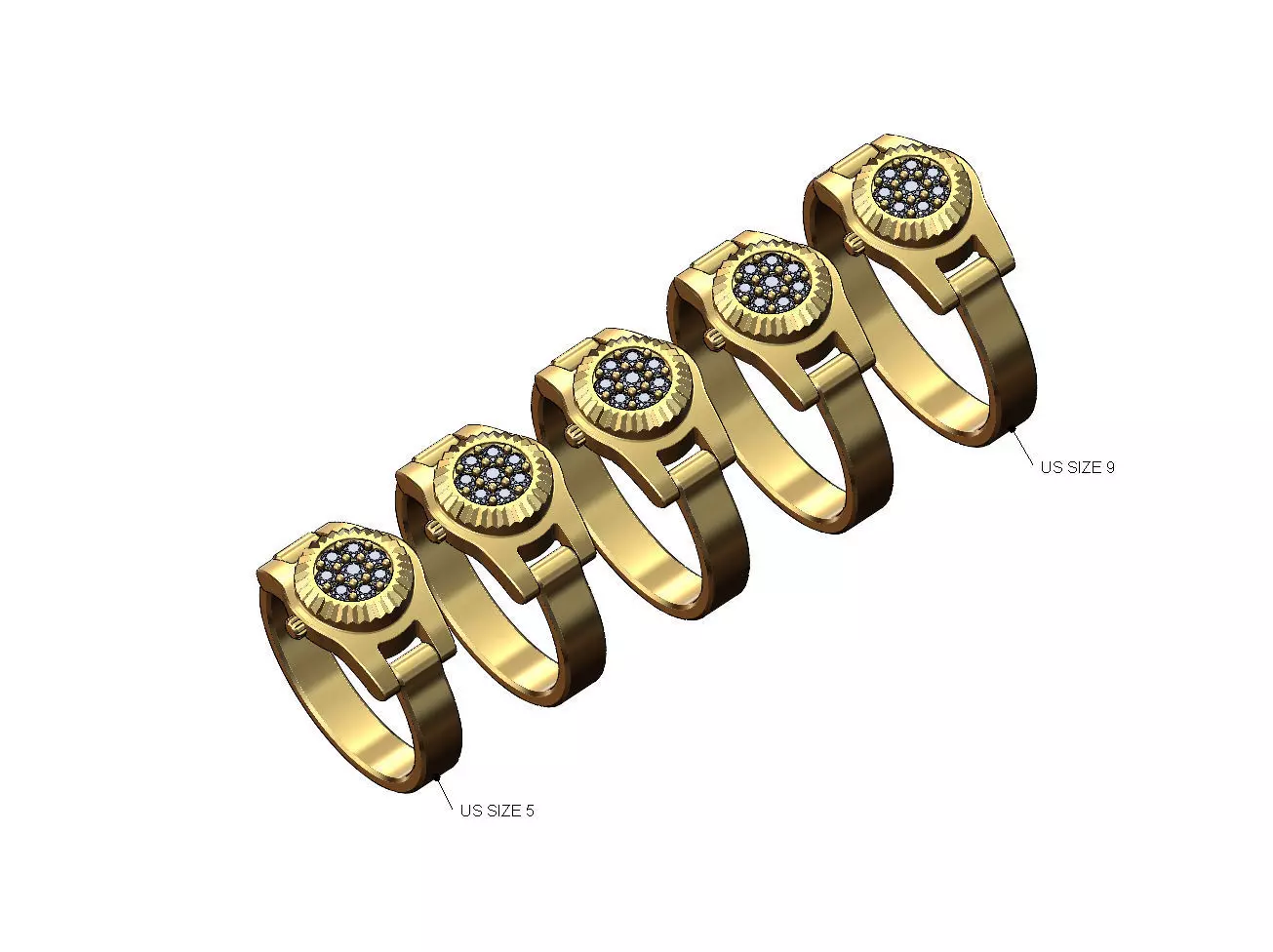 Diamond cluster watch ring US sizes 5to9 3D print model_0