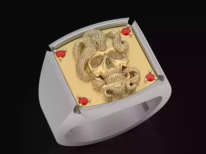 Skull  snake Face man ring Sculpture jewelry Silver Gold  Print