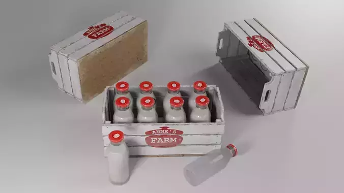 Crate with glass milk bottles Low-poly 3D model