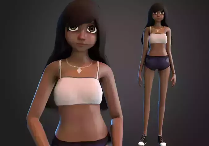 thin girl summer look low poly rigged Low-poly 3D model