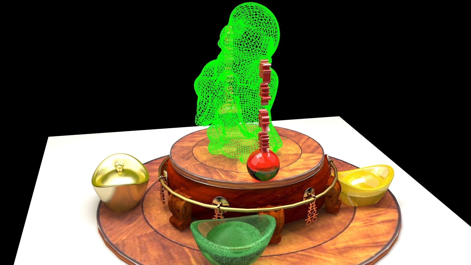 Chinese gold ingot with monk kid 3D model_4