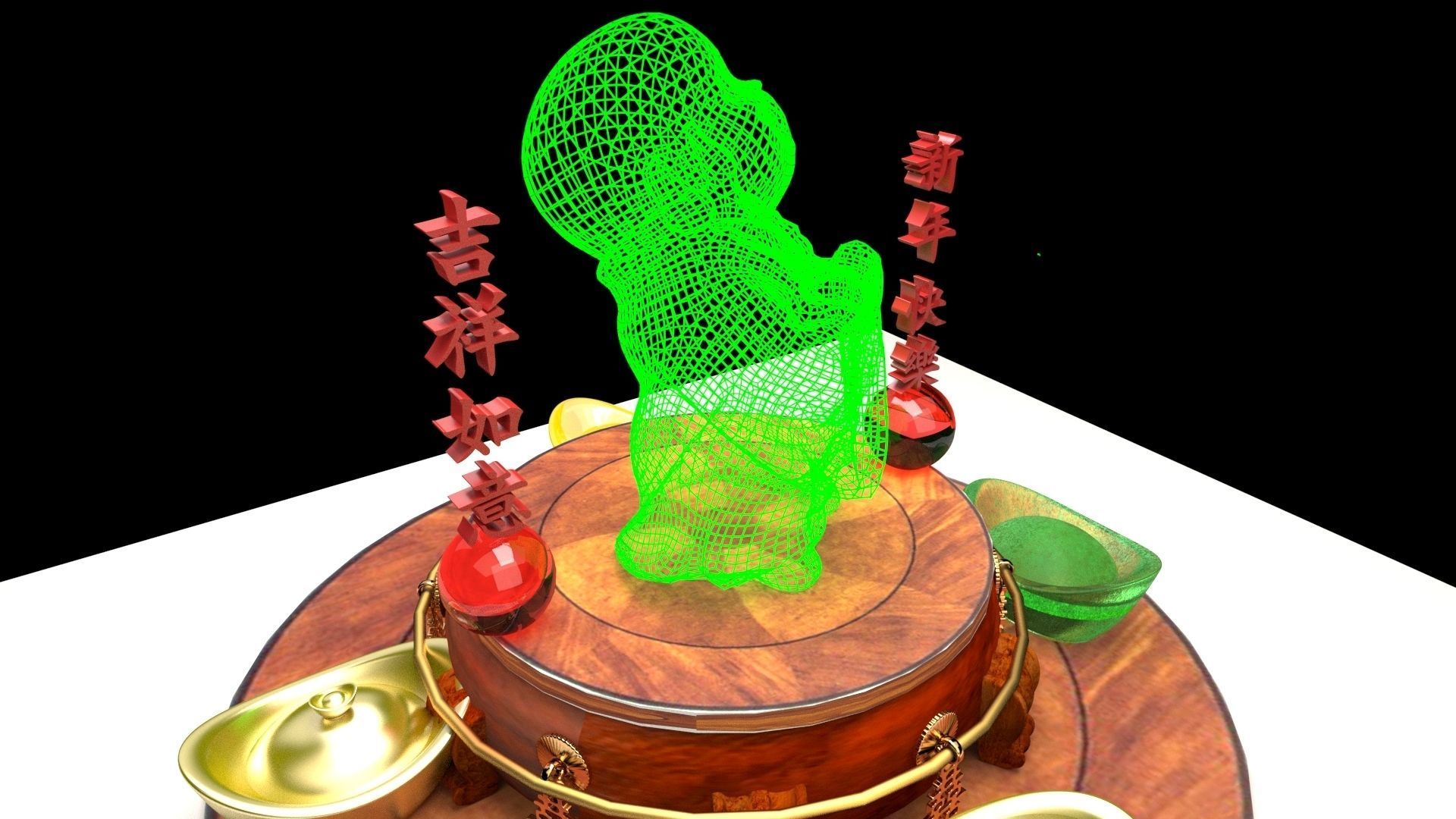 Chinese gold ingot with monk kid 3D model_1