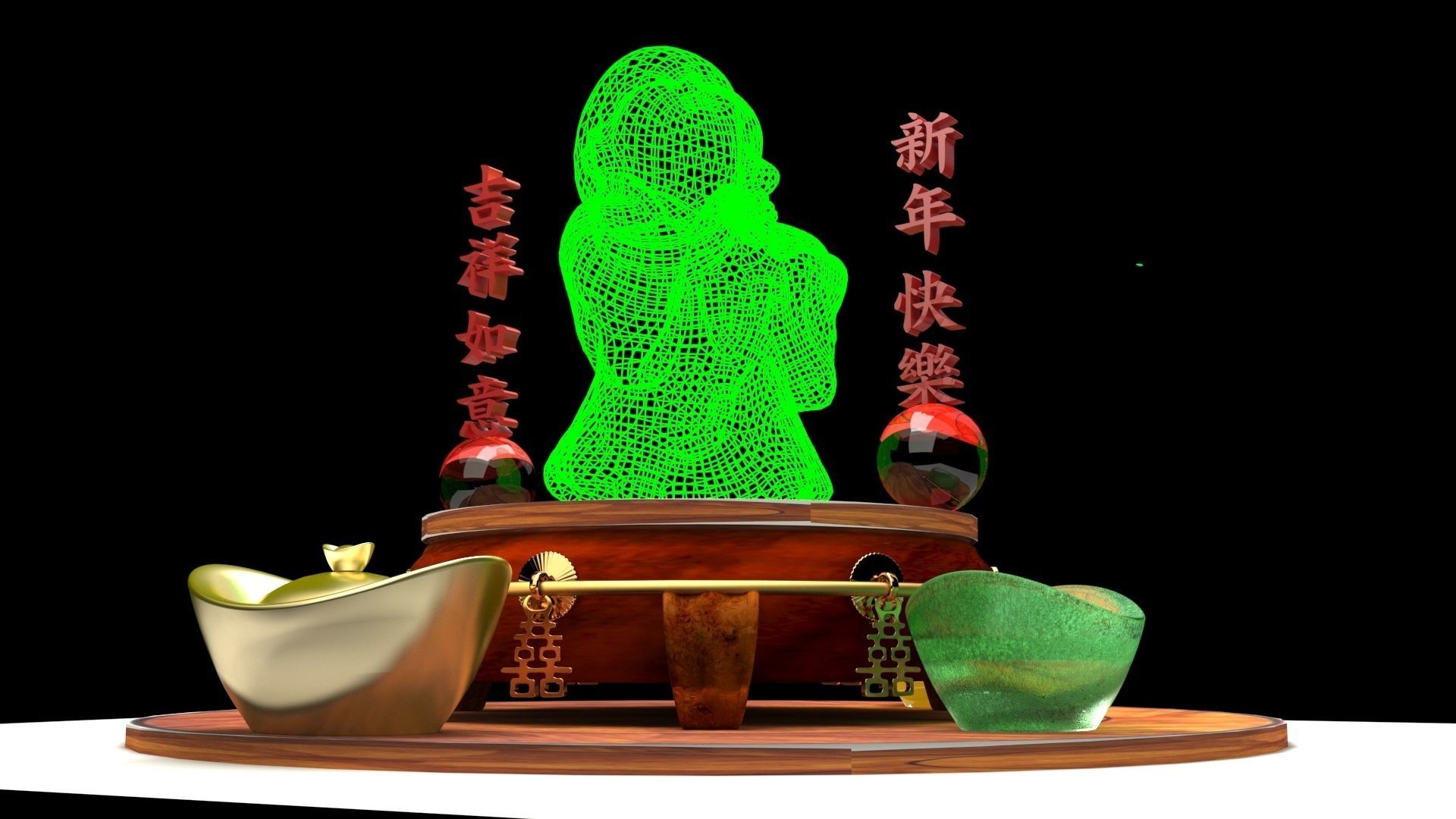 Chinese gold ingot with monk kid 3D model_3